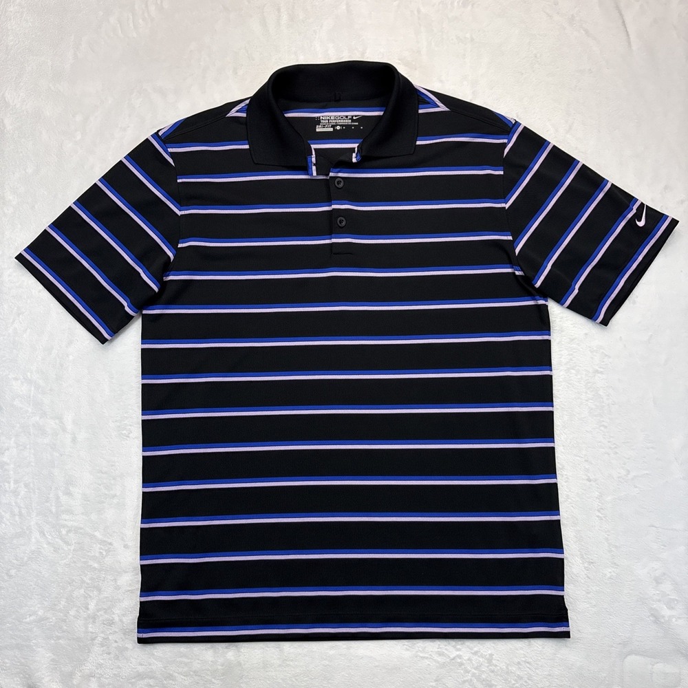 Nike Golf Dri-FIT Polo Shirt Mens Medium Black/Blue/Pink Striped Short Sleeve